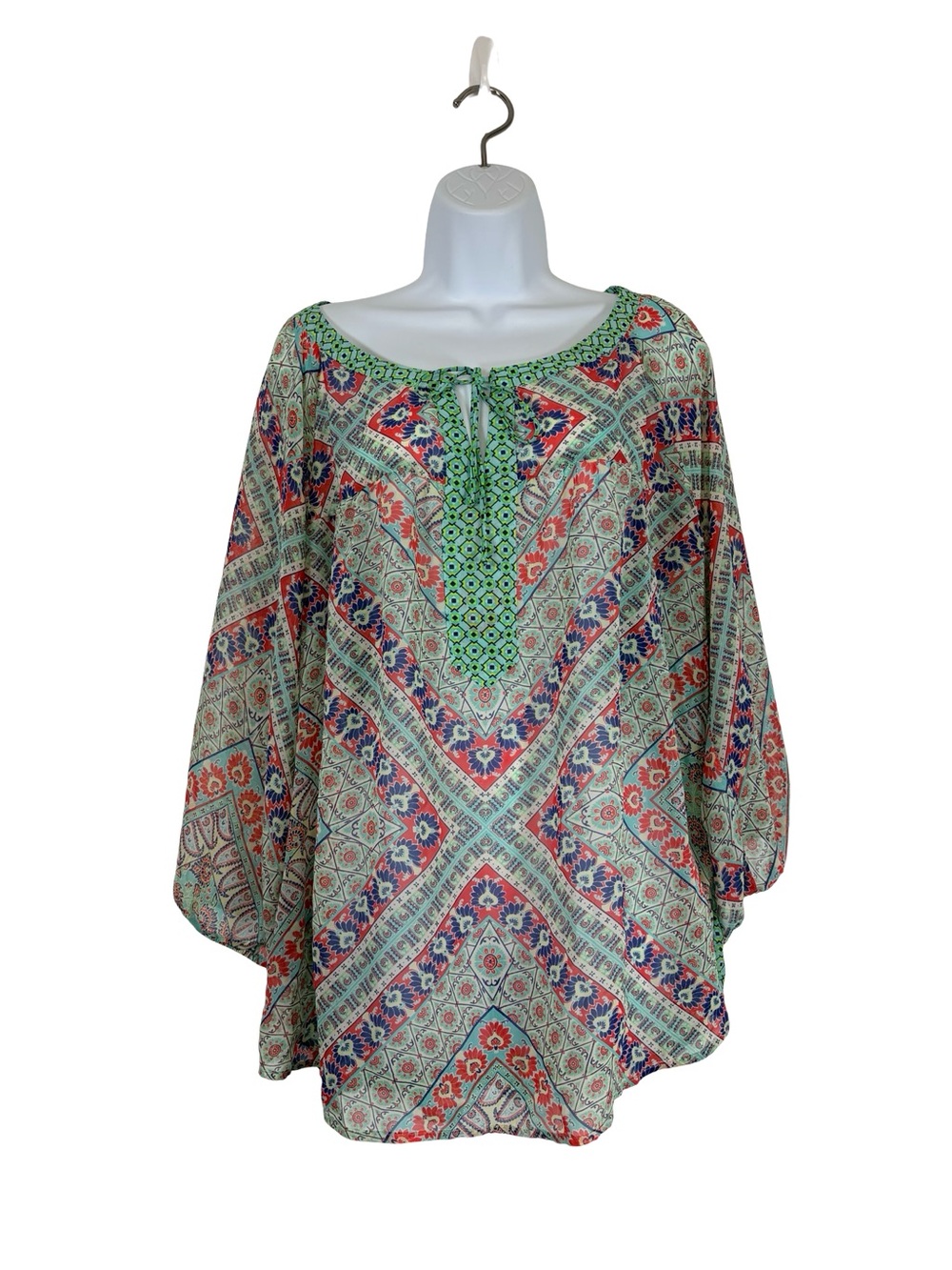 Fig and Flower Boho Blouse 2X Multicolor Floral Geometric Peasant Top Resortwear